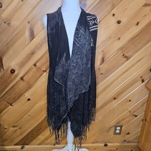 VOCAL Fringe Acid Wash‎ Sleeveless Cardigan Studded Cross Distressed Medium